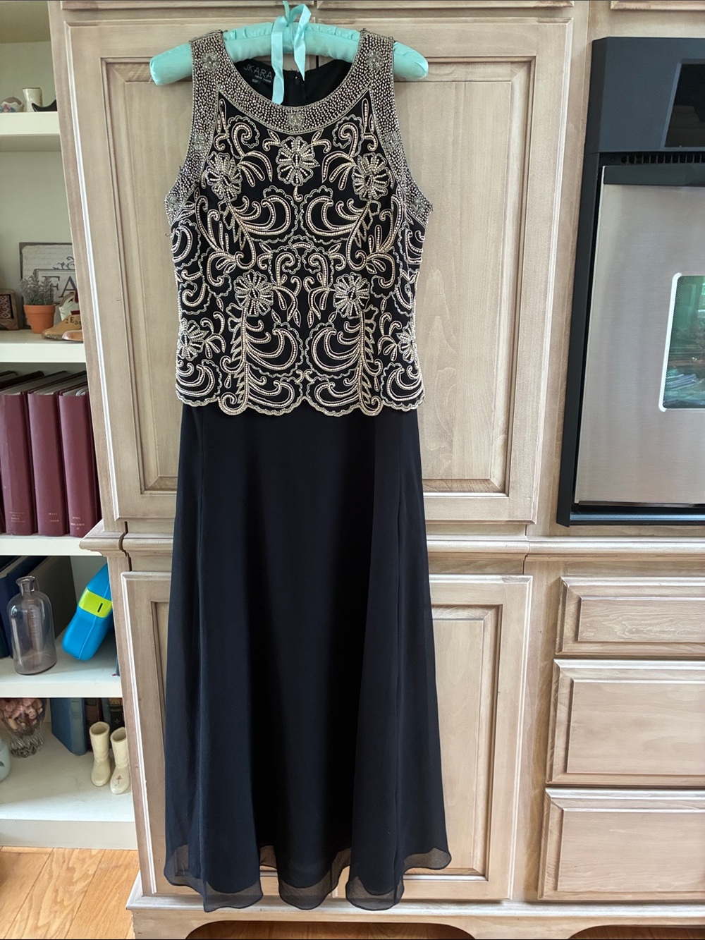 J Kara Black Maxi Dress with Gold Beaded Bodice Sz 10P